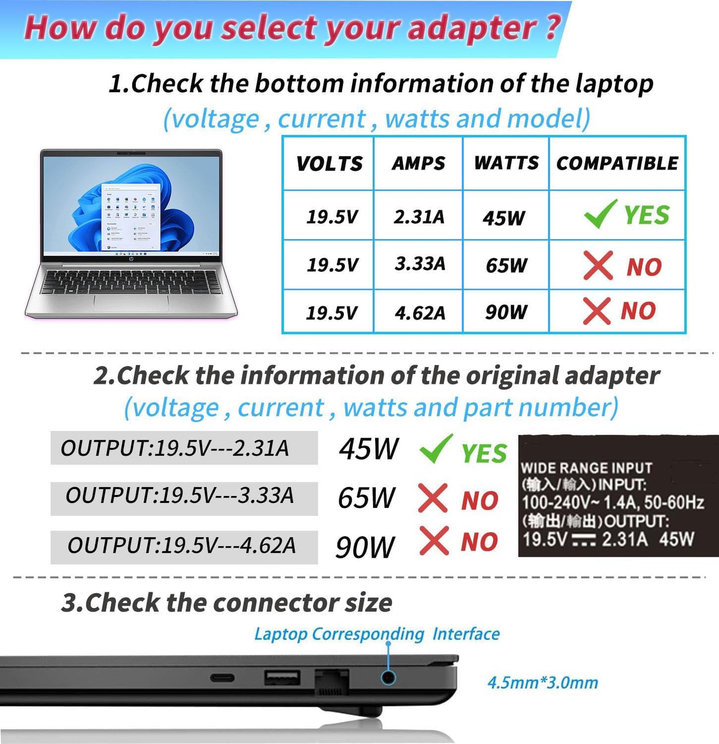 Cargador de Laptop para HP de Punta Azul (45W)