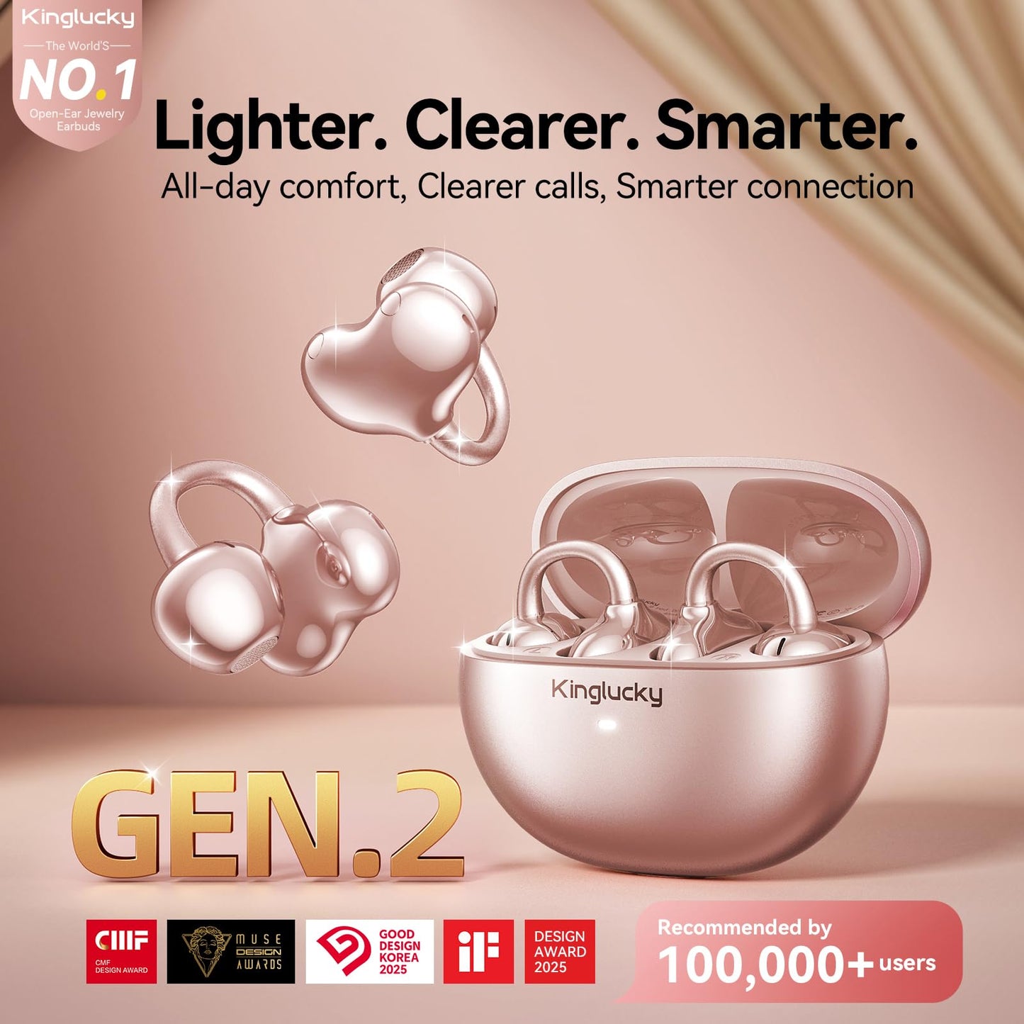 Kinglucky Upgraded Clip-On Earbuds Bluetooth 6.0 Wireless Headphones Open Ear Buds Comfortable Fit & Crystal-Clear Sound, 50H Playtime for Women & Kids Ideal for Small Ears, Sports, Glasses Rose Gold