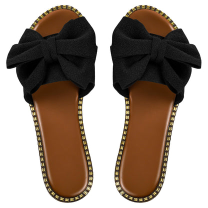 Sksshion Women's Bow Knot Slides Open Toe Flat Sandals Summer Slip On Slippers Black 7