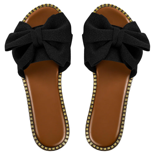 Sksshion Women's Bow Knot Slides Open Toe Flat Sandals Summer Slip On Slippers Black 7