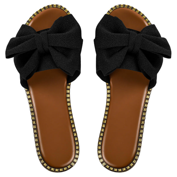 Sksshion Women's Bow Knot Slides Open Toe Flat Sandals Summer Slip On Slippers Black 7