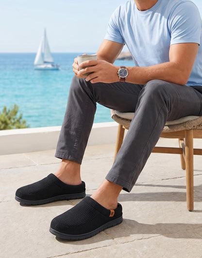 VeraCosy Men's Moccasin Slippers Comfy Soft Durable Slip-on Indoor Memory Foam House Shoes Matt Black, 11-12 US