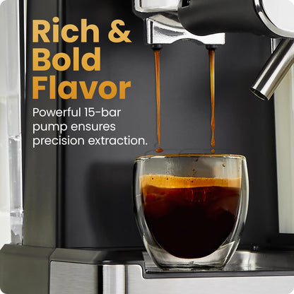 Chefman CaféMaster Pro Espresso Machine, Brew Single or Double Shots, Coffee Maker with Built-In Milk Frother for Cappuccino & Latte, XL 1.8 Liter Removable Water Reservoir - Stainless Steel
