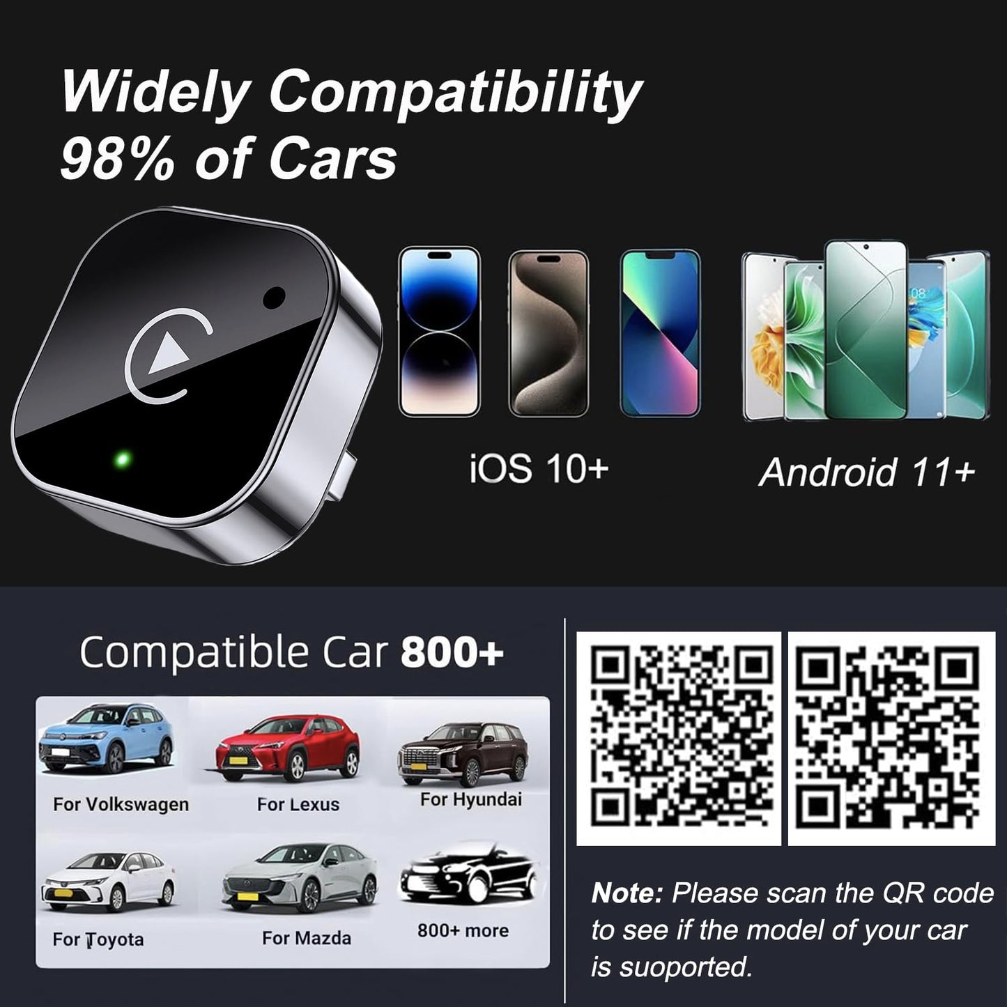 Adaptador Inalámbrico 2 en 1 para CarPlay y Android Auto (Negro)