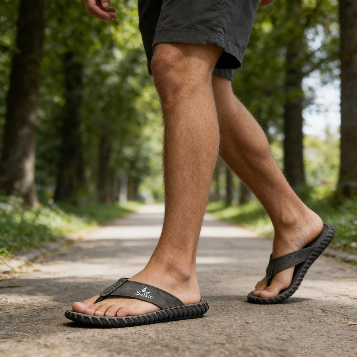 MDIOEP Men's Casual Leather Flip Flops Comfortable Cushion Sole Beach Thongs with Arch Support Home Outdoor Water Resistant Non-Slip Slides Sandals (khaki