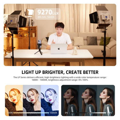 Godox LP600R RGB LED Video Light with Barndoor, 2-Pack 60W 1800K-10000K 9270Lux LED Panel Light with Light Stand, APP Control CRI96+ Studio Soft Light