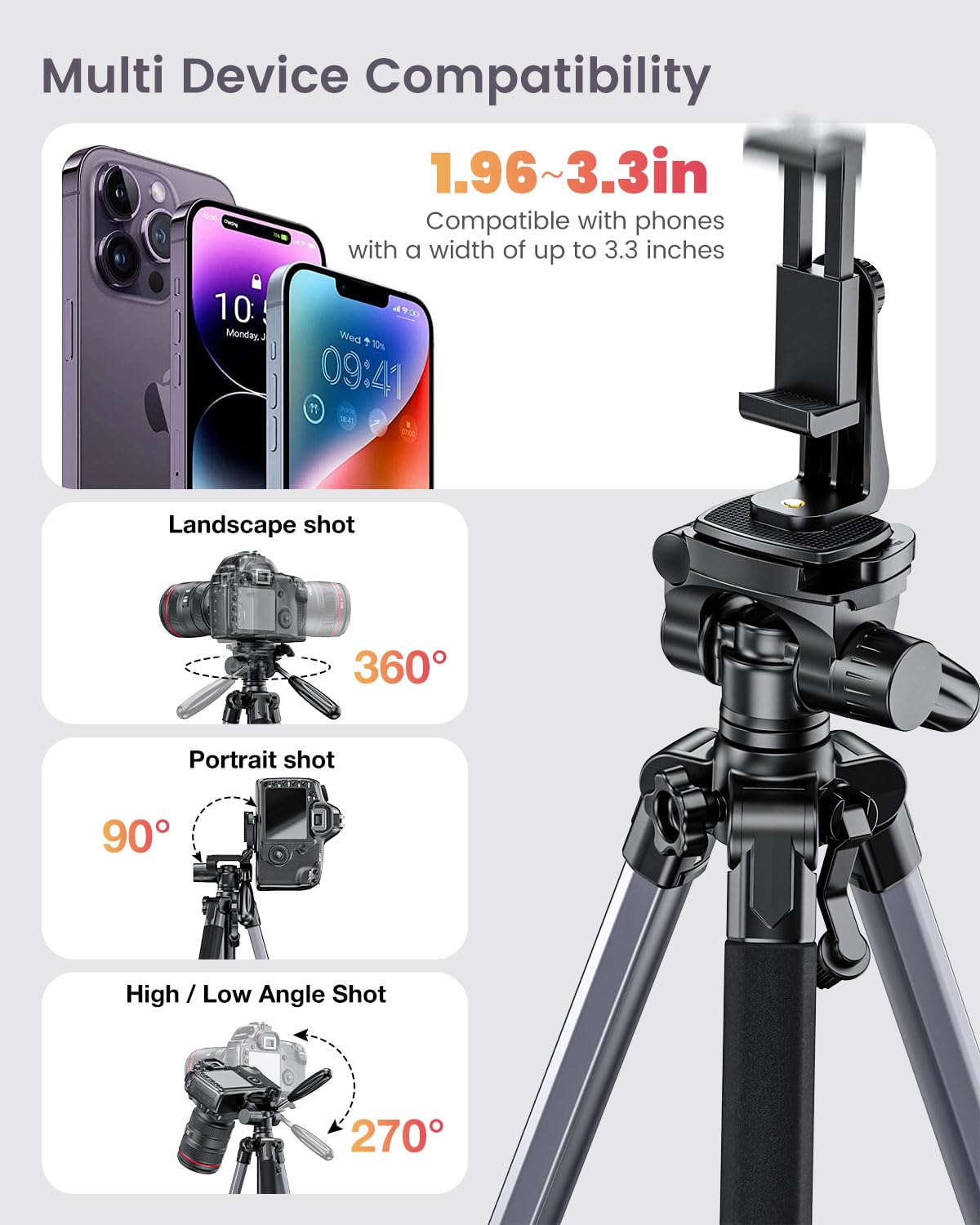 CAMBOFOTO 74″ Aluminum Camera Tripod – Heavy‐Duty Professional Tripod Stand for DSLR & Mirrorless Cameras, Smartphones & GoPro – Lightweight Travel Tripod with 360° Pan Head & Phone Mount