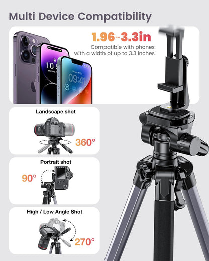 CAMBOFOTO 74″ Aluminum Camera Tripod – Heavy‐Duty Professional Tripod Stand for DSLR & Mirrorless Cameras, Smartphones & GoPro – Lightweight Travel Tripod with 360° Pan Head & Phone Mount