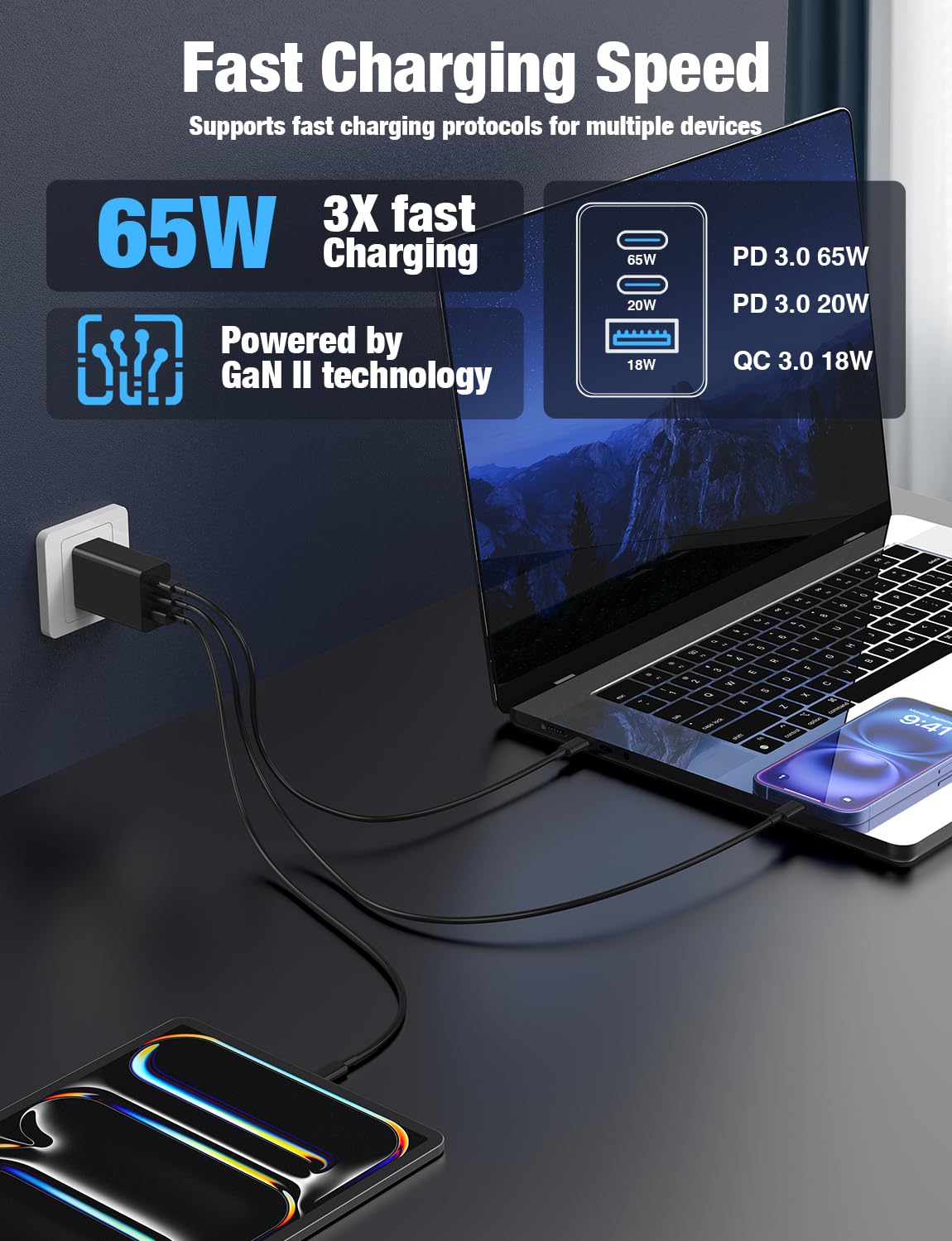 Cargador Rápido de Pared USB C de 65W (Pack de 2 / Negro)
