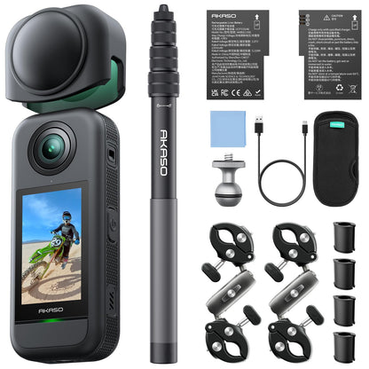 AKASO 360 Weatherproof 360° Action Camera - 5.7K 360 Video with 1/2" 48MP Sensors, 72MP 360 Photo, 360-SuperSmooth, Invisible Selfie Stick, 360° Horizon Lock, AI Tracking Motorcycle Combo