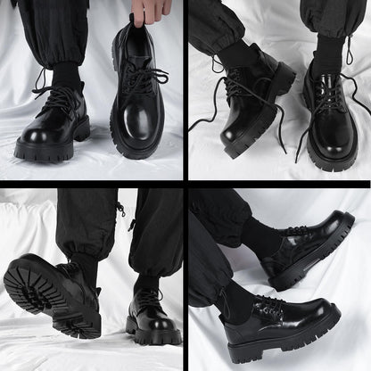 Men's Leather Lace Up Platform Oxfords Round Toe Chunky Heel Lug Sole Heightening Soft Bottom Derby Casual Shoes Classic Work Office Business Dress Shoes (Black