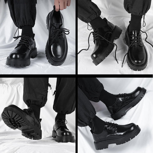 Men's Leather Lace Up Platform Oxfords Round Toe Chunky Heel Lug Sole Heightening Soft Bottom Derby Casual Shoes Classic Work Office Business Dress Shoes (Black