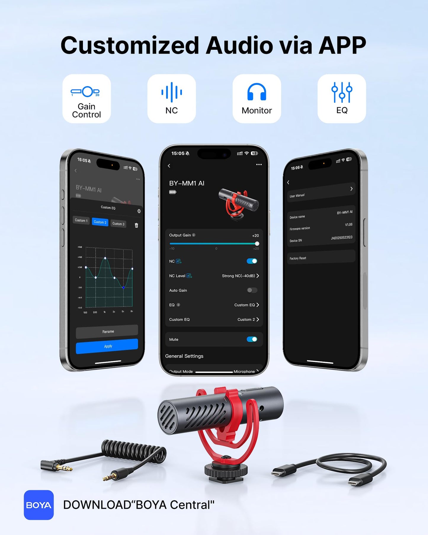 BOYA BY-MM1 AI On-Camera Shotgun Mic with AI Noise Cancellation, APP Control with EQ Presets & Gain, Supercardioid Pickup, 30Hrs Battery, Dual 3.5mm/USB-C, Microphone for Camera, DSLR, iPhone, Android