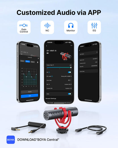 BOYA BY-MM1 AI On-Camera Shotgun Mic with AI Noise Cancellation, APP Control with EQ Presets & Gain, Supercardioid Pickup, 30Hrs Battery, Dual 3.5mm/USB-C, Microphone for Camera, DSLR, iPhone, Android