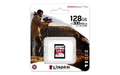 Kingston Canvas React Plus 128GB SD Card | SDXC UHS-II | 300R/260W U3 V90 | Full HD/4K/8K | SDR2/128GB