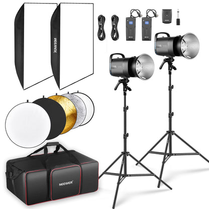 NEEWER 600Ws Studio Monolight Flash Light Kit: 2 Pack S101-300W 5600K Strobe Lights with 150W Modeling Lamps/Bowens Mount/Softboxes/Stands, Reflector/RT-16 Trigger/Bag for Photography Portrait Product