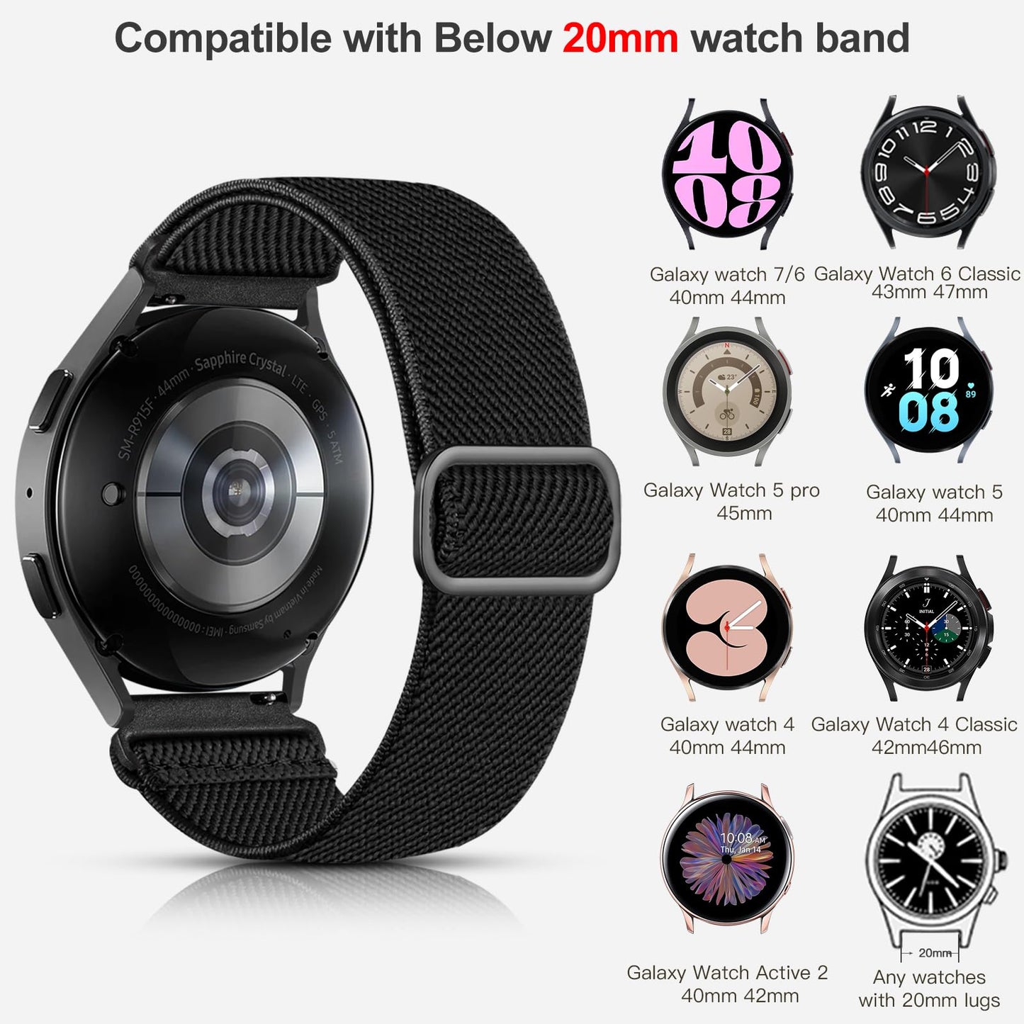 Lerobo Elastic Bands Compatible with Samsung Galaxy Watch 7 6 5 4 40mm 44mm/for Galaxy Watch 6 Classic Band 43mm 47mm/Watch 4 Classic Band 42mm 46mm/5 Pro/Active 2,3 Pack Adjustable Nylon Sport Band
