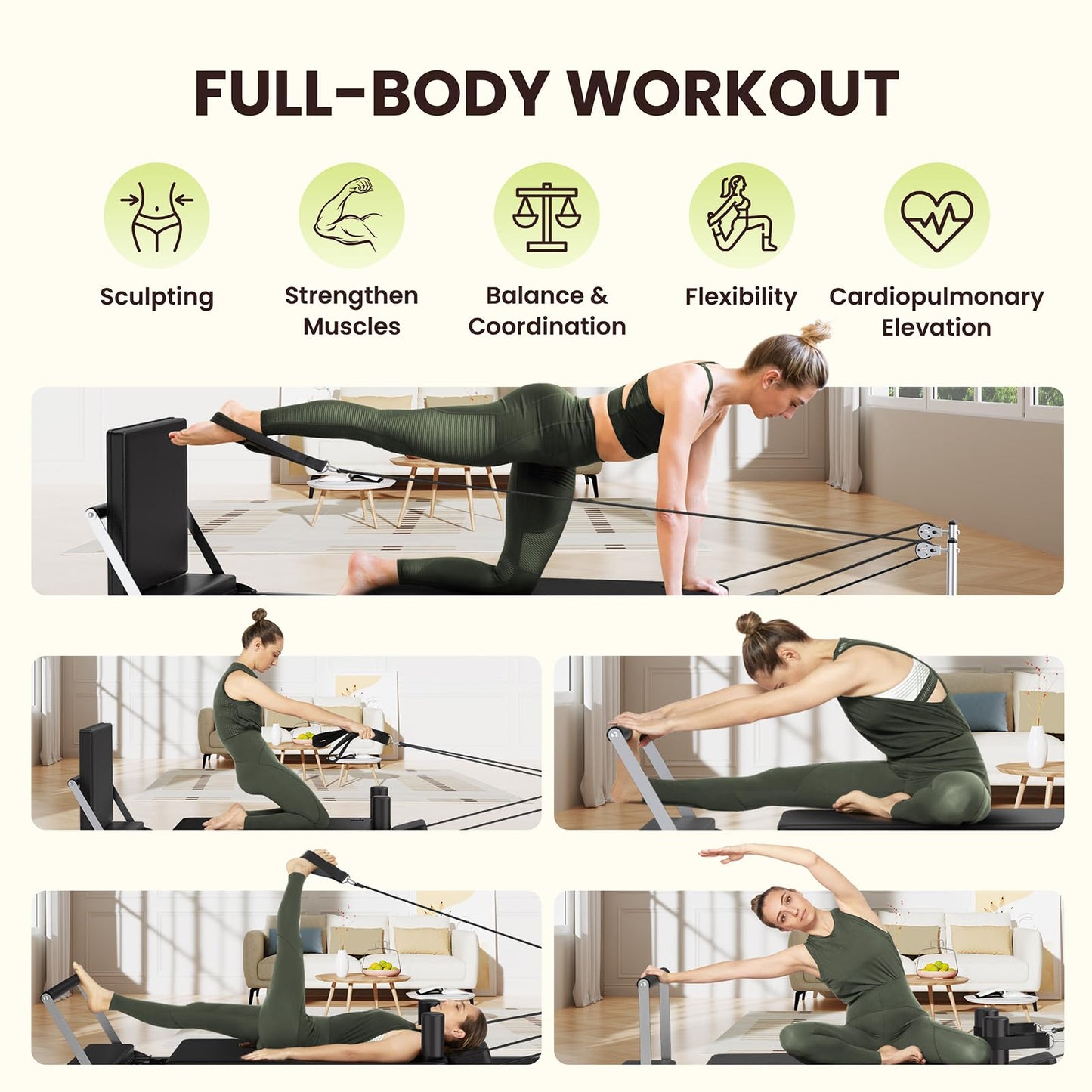 TYRSEN Foldable Pilates Reformer - Reformer Pilates Machine with Springs, Quick-Assembly Pilates Power Gym Equipment for Home Workout & Gym, Pilates Machine with Upgraded Wheels and Jumpboard