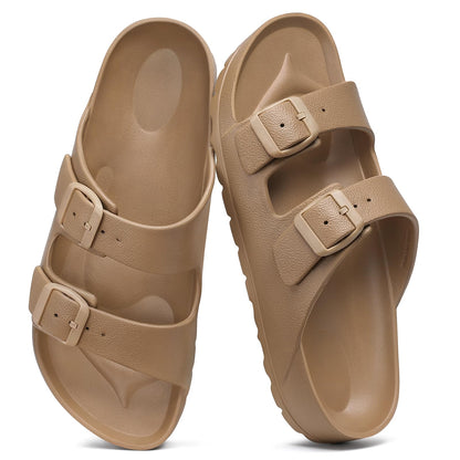 shevalues Women's Comfort Sandals with Medium Arch Support Double Buckle Adjustable EVA Slides for Summer Beach, Brown 38(