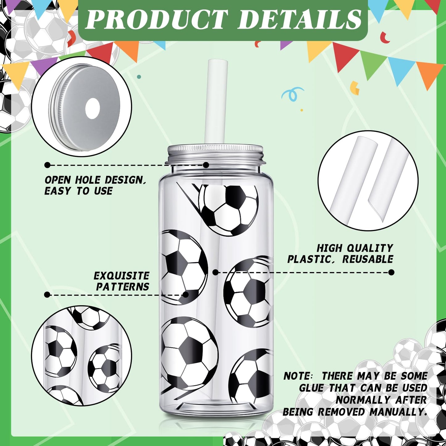 Domensi Vasos de Plástico de Fútbol con Tapa y Pajilla (Paquete de 24)