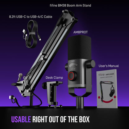 FIFINE Gaming Microphone Kit, XLR/USB Dynamic PC Microphone with Boom Arm for Podcast Recording, RGB Streaming Mic Set, Tap-to-Mute, Mix Control, Headphone Jack-AmpliGame AM8PROT