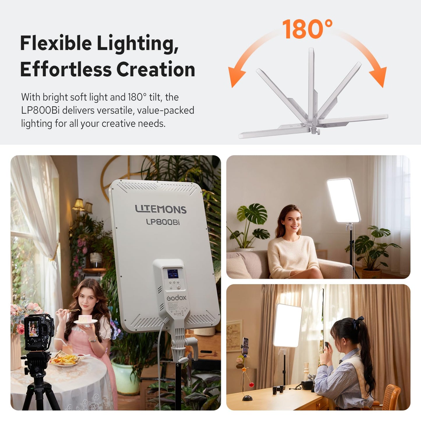 Godox LP800Bi 85W Bi-Color LED Video Light w/Stand, 2800K-6500K, 0-100% Dimmable LED Panel Light, 180°Adjustable Angle, APP Control, CRI96+ TLCI98+, Studio Soft Light for Video Photography