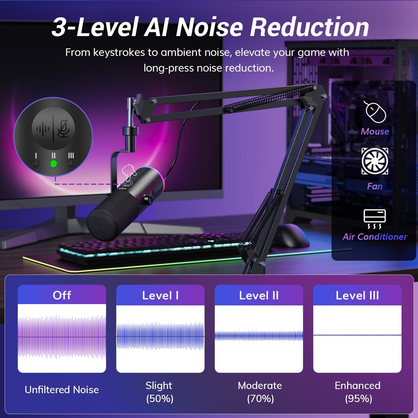 TONOR Dynamic Gaming Microphone, XLR/USB Mic Streaming, AI Noise Cancellation, Controlable RGB, Tap Mute, 3.5mm Headphone Jack, Volume Control, Microfono with Boom Arm, Black, TD510 AIR S H+