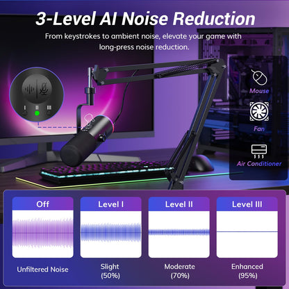 TONOR Dynamic Gaming Microphone, XLR/USB Mic Streaming, AI Noise Cancellation, Controlable RGB, Tap Mute, 3.5mm Headphone Jack, Volume Control, Microfono with Boom Arm, Black, TD510 AIR S H+