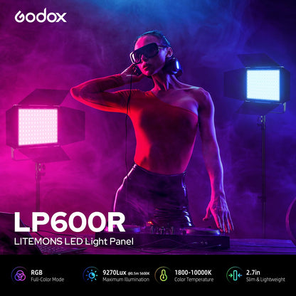 Godox LP600R RGB LED Video Light with Barndoor, 2-Pack 60W 1800K-10000K 9270Lux LED Panel Light with Light Stand, APP Control CRI96+ Studio Soft Light