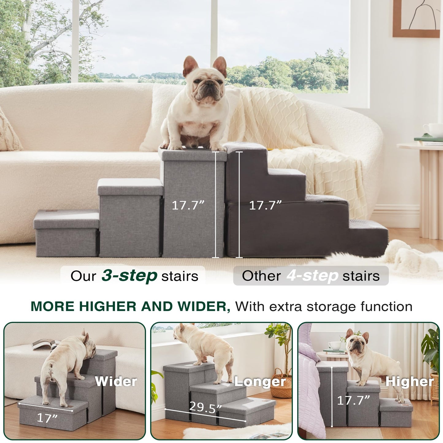 Love's cabin Escaleras para Perros de 3 Escalones (18" / Gris Sólido)
