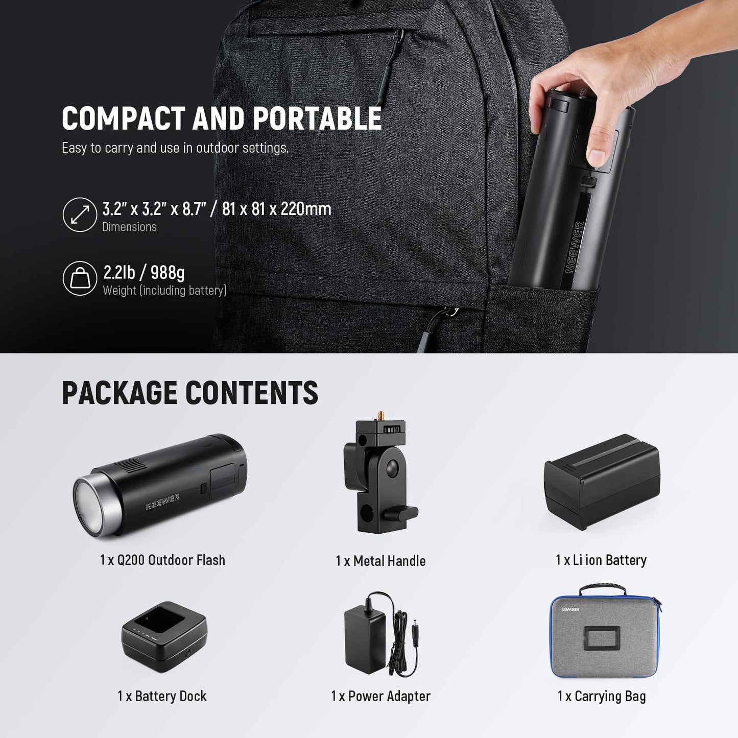 NEEWER Q200 200Ws 2.4G TTL Outdoor Studio Flash Strobe App Control, Compatible with Godox, 1/8000 HSS 3200mAh Battery Photography Monolight 10W Modeling Lamp/750 Full Power Flash/0.01~1.5s Recycle
