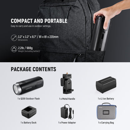NEEWER Q200 200Ws 2.4G TTL Outdoor Studio Flash Strobe App Control, Compatible with Godox, 1/8000 HSS 3200mAh Battery Photography Monolight 10W Modeling Lamp/750 Full Power Flash/0.01~1.5s Recycle