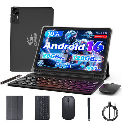CUPEISI Android 16 Tablet 10 Inch, 20GB RAM+128GB ROM/2TB Expandable, 2.0GHz Octa-core Processor, 1280*800 HD Screen, 5G WiFi6 BT 5.0, 2 in 1 Tablets with Keyboard Case Mouse Stylus, Widevine L1 Black