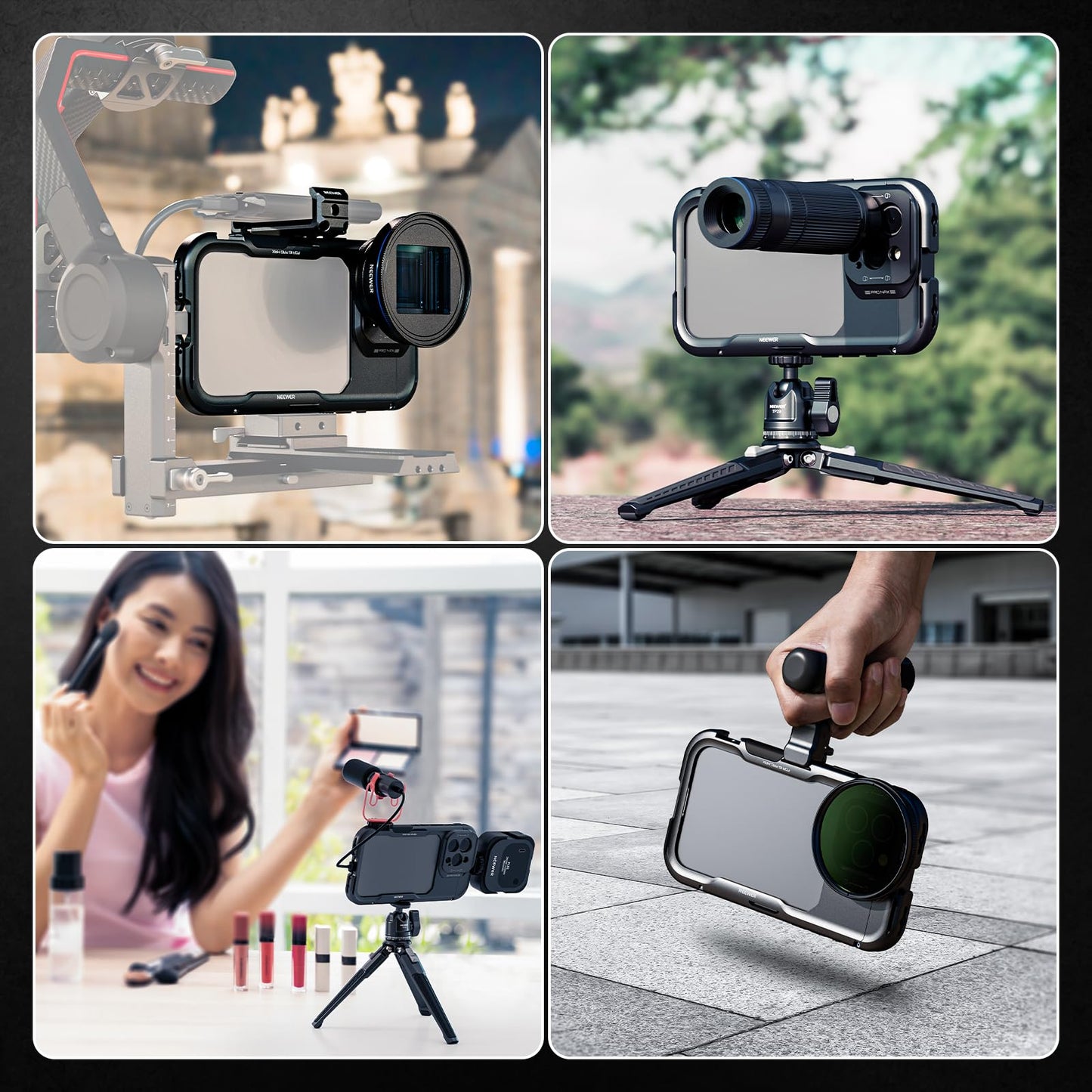 NEEWER 16 Pro Max Cage, Quick Release Video Rig Phone Stabilizer Compatible with iPhone 16 Pro Max with 67mm Filter Adapter, 17mm Lens Backplate, T Mount Lens Adapter Compatible with Moment, PA074
