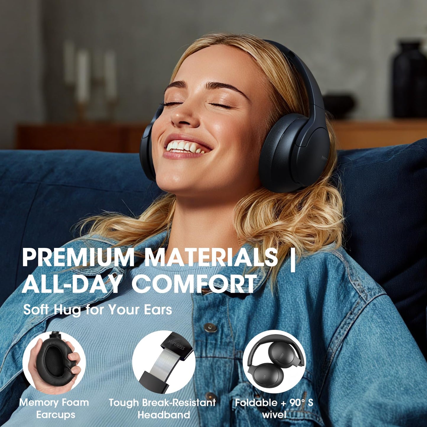 DOQAUS Bluetooth Headphones Over Ear Wireless, 90H Playtime, BT 5.4, 9 EQ Modes via App, Movie & Sleep Mode, HiFi Deep Bass, Memory Foam for Travel, Gym, Phone, PC Stocking Stuffers