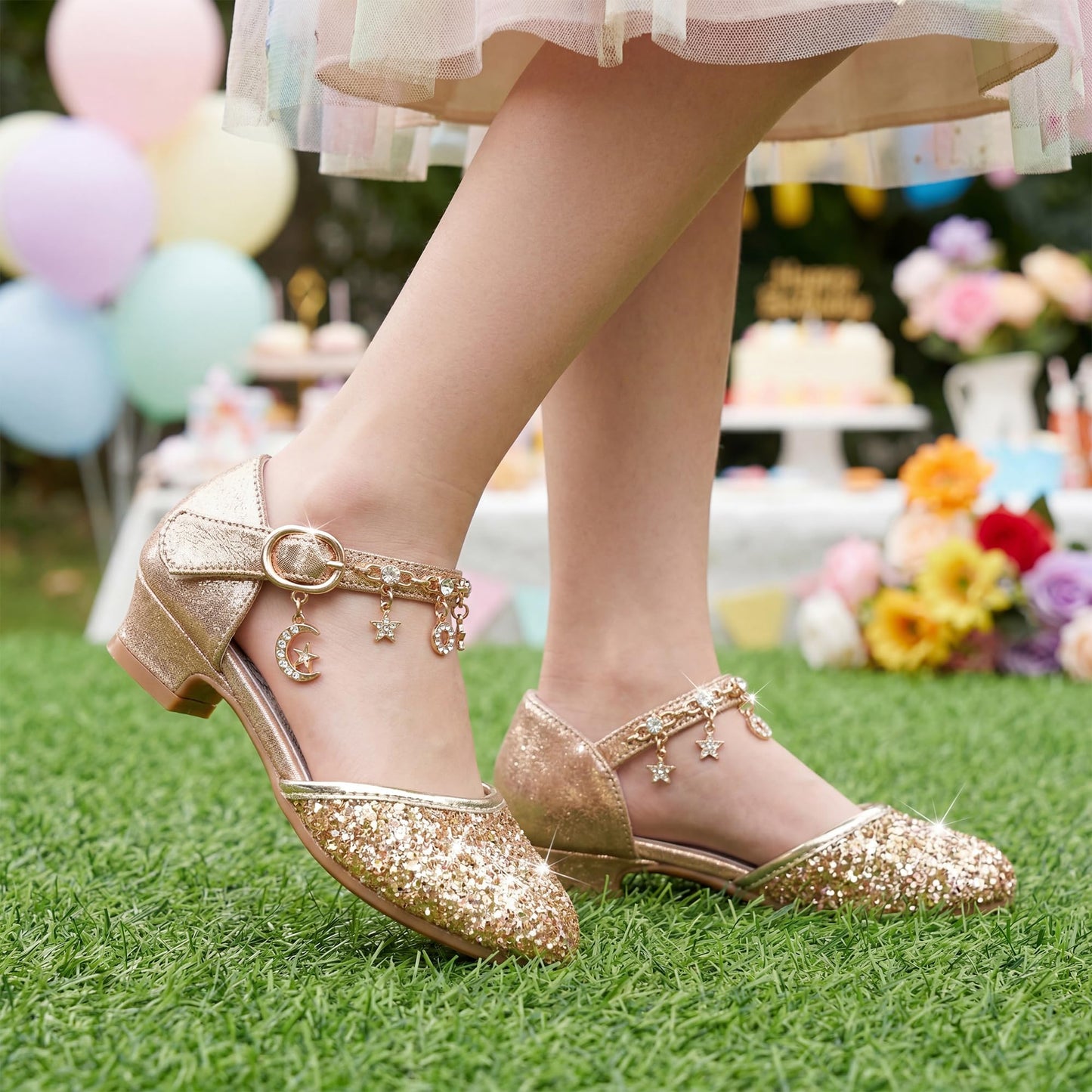 Stelle Sandalias de Tacón Alto con Lentejuelas para Niñas (Talla 2ML / T20-Gold2)