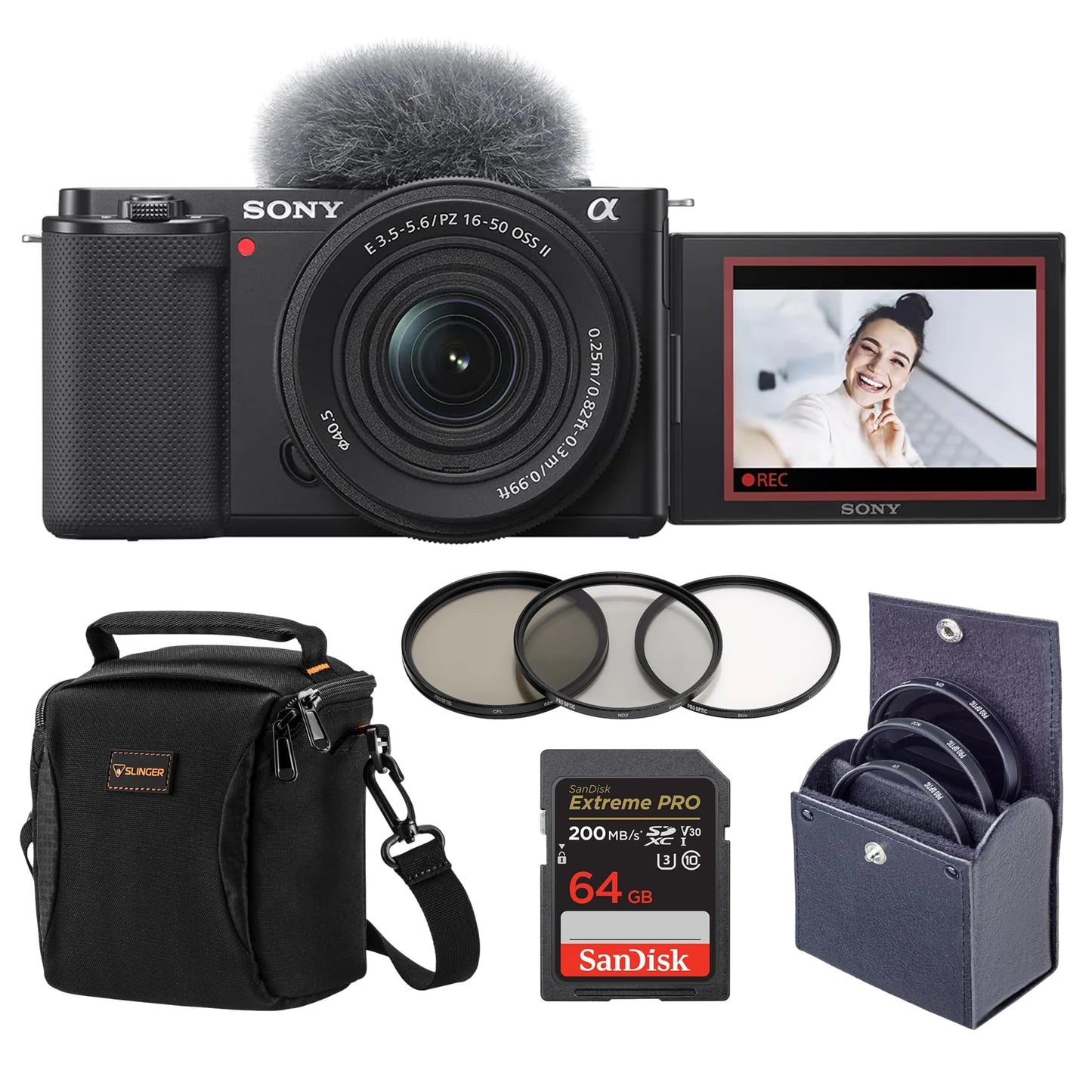 Sony ZV-E10 APS-C Mirrorless Camera with E PZ 16-50mm Lens, Vlogging Camera Bundle, 64GB SD Card, Shoulder Bag, UV/CPL/ND Filter Kit, Sony 1-Year Warranty, Black