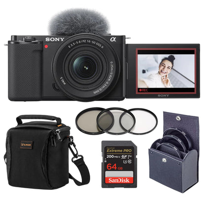 Sony ZV-E10 APS-C Mirrorless Camera with E PZ 16-50mm Lens, Vlogging Camera Bundle, 64GB SD Card, Shoulder Bag, UV/CPL/ND Filter Kit, Sony 1-Year Warranty, Black