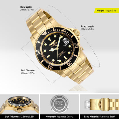 Invicta Men's Pro Diver Quartz Watch with Stainless Steel Strap, Gold, 20 (Model: 26975)