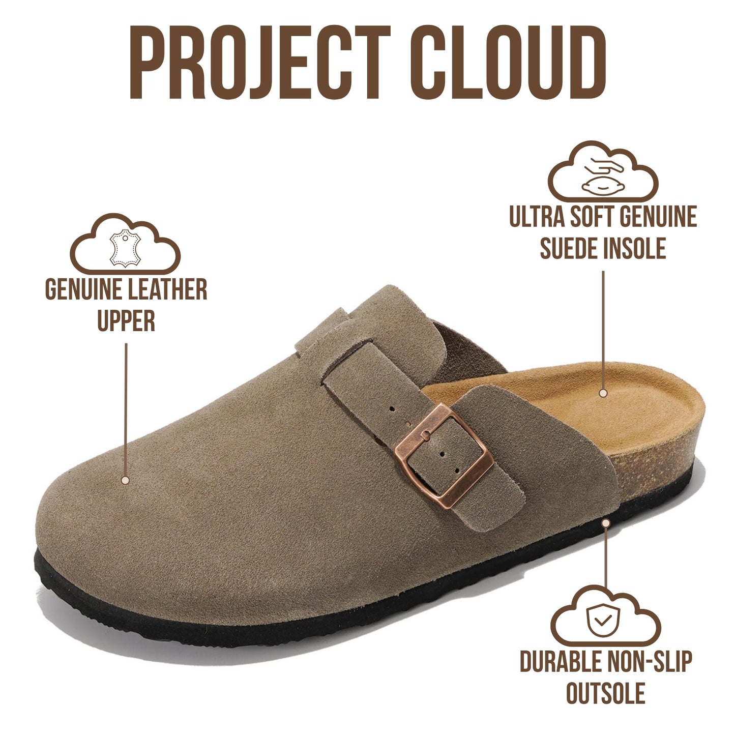 Project Cloud Mens Clogs - 100% Full Grain Genuine Leather Clogs for Men with Memory Foam Insole and Arch Support Natural Cork Footbed - Non Slip Mules Mens Slippers (Brooklyn, TAUPSUEDE