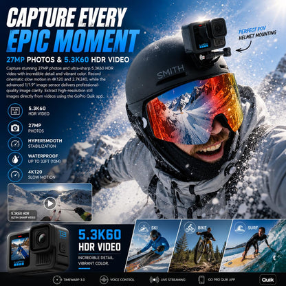 GoPro HERO13 Black Waterproof Action Camera with 5.3K60 Video, 27MP Photos, Enduro 1900mAh Battery, 64GB SanDisk microSD Card, 47-Piece Accessory Kit, 1-Year Warranty