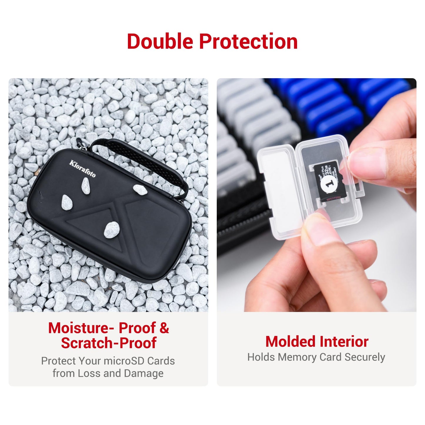 EVA PU Micro SD Card Case with 60 Individual Plastic TF Card Holders - Water-Resistant, Anti-Shock Carrying Organizer with Handle & Label