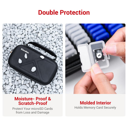 EVA PU Micro SD Card Case with 60 Individual Plastic TF Card Holders - Water-Resistant, Anti-Shock Carrying Organizer with Handle & Label