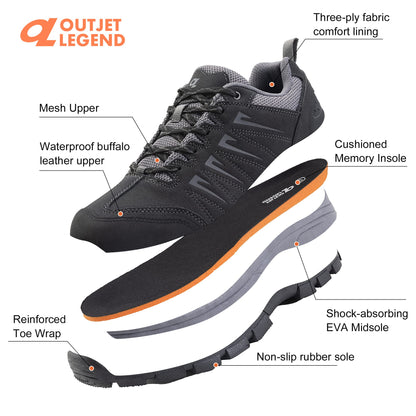 OL OUTJET LEGEND Men's Waterproof Hiking Shoes Leather Comfortable Lightweight Anti Slip Low Tops Outdoor Walking Work Shoes Black