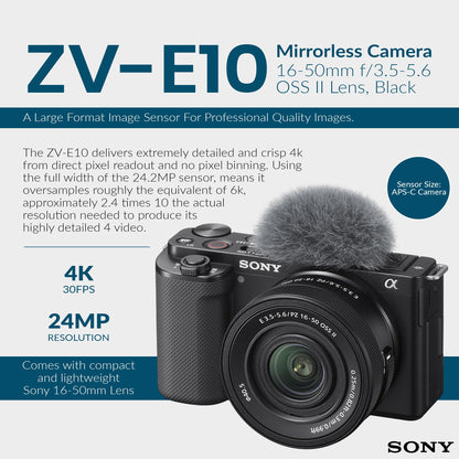 Sony ZV-E10 APS-C Mirrorless Camera with E PZ 16-50mm Lens, Vlogging Camera Bundle, 64GB SD Card, Shoulder Bag, UV/CPL/ND Filter Kit, Sony 1-Year Warranty, Black