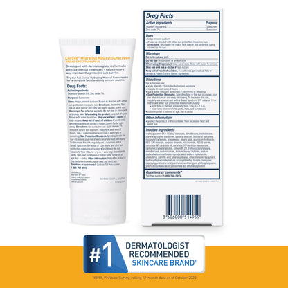 CeraVe 100% Mineral Sunscreen SPF 50, Face sunscreen With Zinc Oxide & Titanium Dioxide, Hyaluronic Acid + Niacinamide + Ceramides, Oil Free, Travel Size 2.5 oz