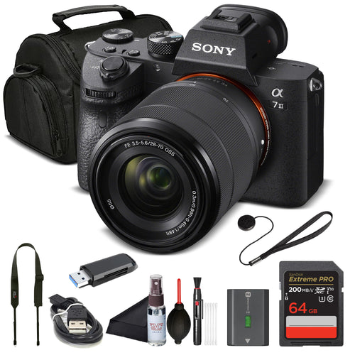 Sony Alpha 7 III Full Frame Mirrorless Camera Kit with 28-70mm Lens | 24.2MP Digital Camera for Professional Photography and 4K Video (ILCE7M3K/B) with Bag, 64GB Card, Memory Card Reader and More