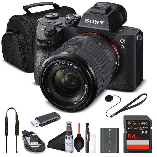 Sony Alpha 7 III Full Frame Mirrorless Camera Kit with 28-70mm Lens | 24.2MP Digital Camera for Professional Photography and 4K Video (ILCE7M3K/B) with Bag, 64GB Card, Memory Card Reader and More
