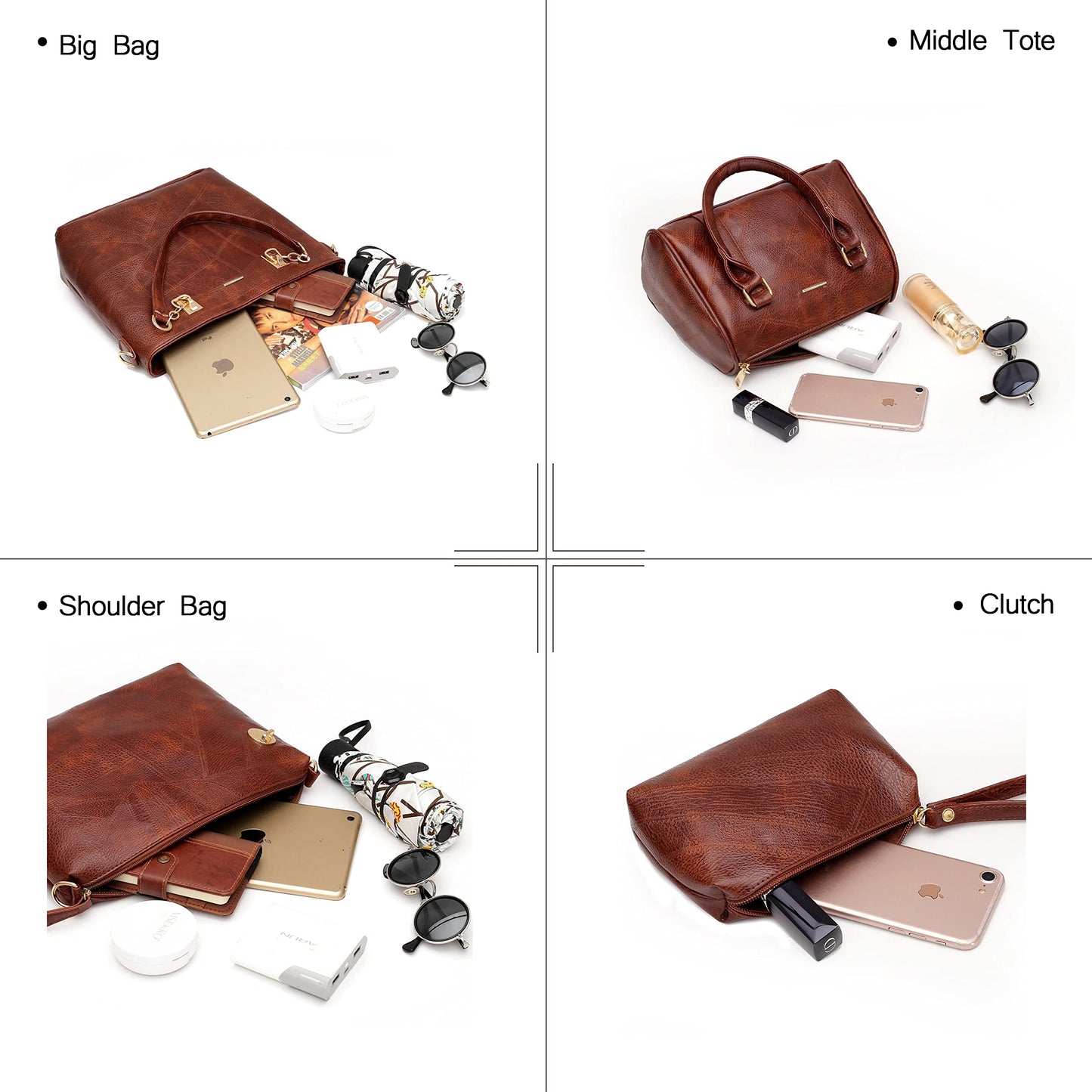 2E-youth Set de Bolsos y Carteras de Diseñador para Mujer (Marrón / 6 Piezas)
