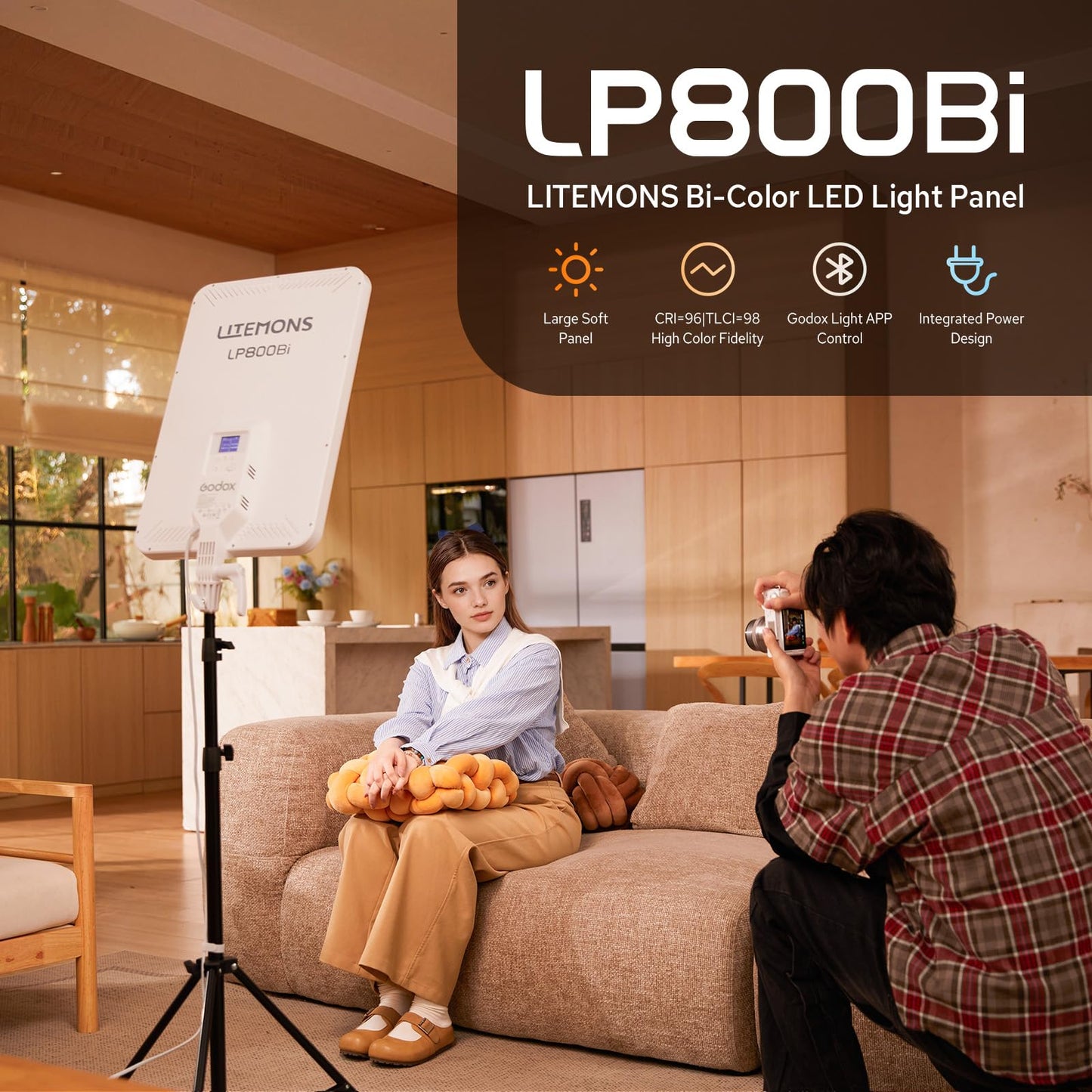 Godox LP800Bi 85W Bi-Color LED Video Light w/Stand, 2800K-6500K, 0-100% Dimmable LED Panel Light, 180°Adjustable Angle, APP Control, CRI96+ TLCI98+, Studio Soft Light for Video Photography